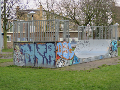 829446 Gezicht op de skate-halfpipe vol graffiti, in het Tolsteegplantsoen bij de Briljantlaan te Utrecht, met een ...
